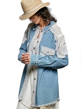 POL Blue Eyelet Crochet Lace Long Sleeve Shirt